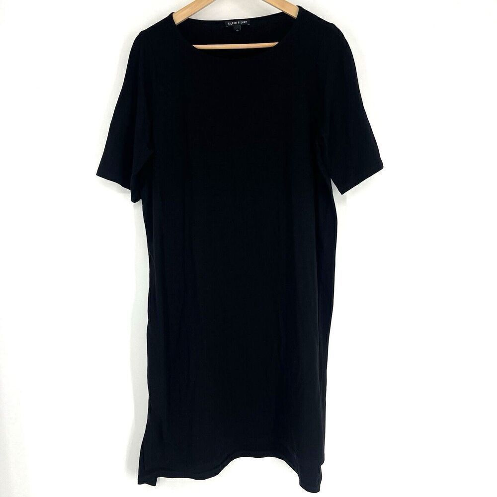 Eileen Fisher Dress Size Medium Black Jersey Knit Shift Stretch Half Sleeve